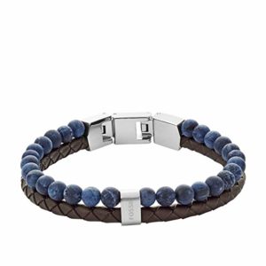 Bracelet pour Homme en acier avec une rangée en perles bleues et une lanière en cuir marron