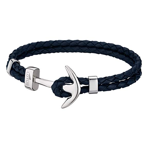 Bracelet avec ancre Lotus en acier et cuir bleu