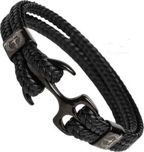 Bracelet double avec ancre Tom Miller en cuir noir