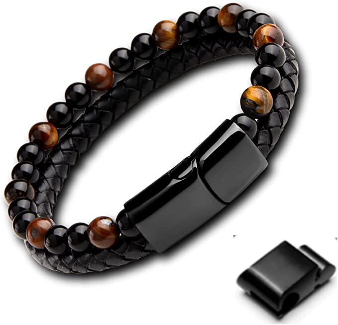 Bracelet double Genac pour homme perles oeil de tigre marron et cuir noir