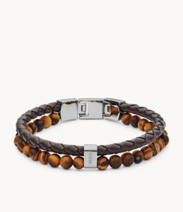 Bracelet Fossil en cuir marron et perles oeil de tigre Vintage pour homme JF03118040