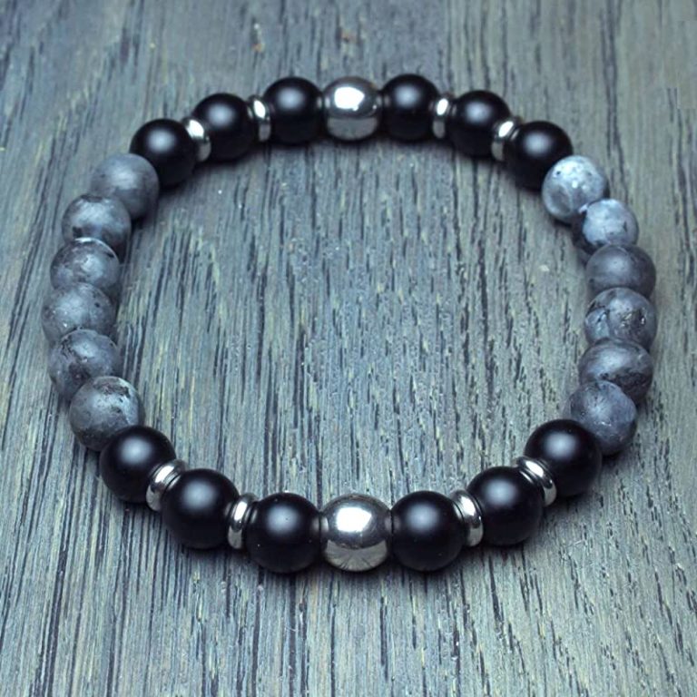 Bracelet simple pour homme en perles - Pierre naturelle Larvikite Labradorite Gris Mat Agate/Onyx
