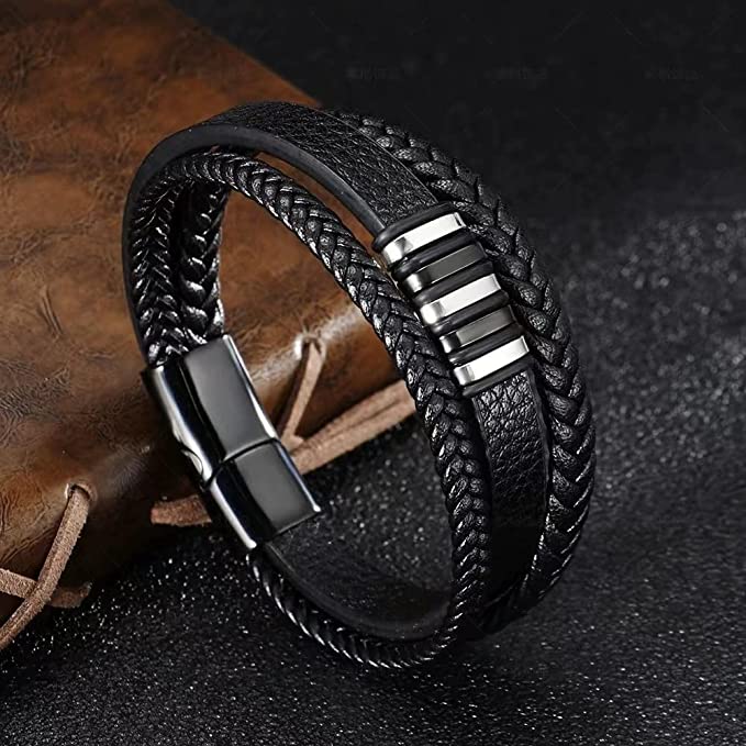 Bracelet triple pour homme Gkmamrg en cuir noir et acier inoxydable