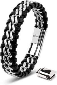 Bracelet simple pour homme Serasar en cuir noir et acier inoxydable - Fermeture magnétique