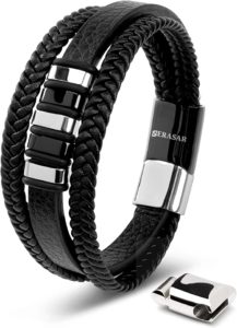 Bracelet triple Serasar pour homme en cuir noir avec fermeture magnétique