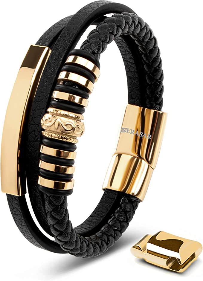 Bracelet triple Serasar pour homme en cuir noir et doré avec fermeture magnétique