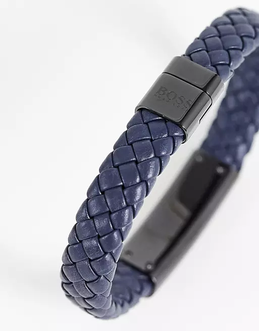 Bracelet BOSS Lander tressé en cuir bleu 1580179M profil