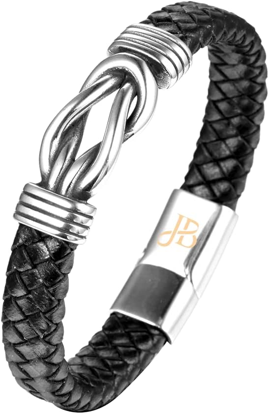 Bracelet pour homme Jewellbox en cuir tressé noir avec noeud infini et fermoir magnétique